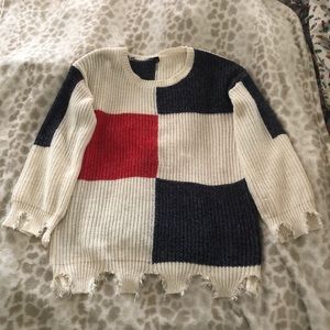 Oversized Distressed Red, White and Blue Sweater